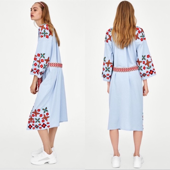 Zara Blue Embroidered Southwestern Midi Dress - Picture 2 of 10